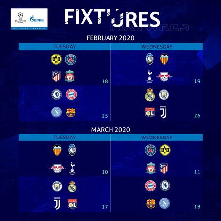 Jadwal liga champions malam ini live sctv musim 2020/21 babak final yang mempertemukan manchester city vs chelsea tanggal 30 mei 2021 jadwal liga champions babak final sudah resmi di rlis uefa melalui situs resminya beberapa saat setelah undian perempat final ucl selesai digelar. Jadwal Lengkap 16 Besar Liga Champions 2019-2020, Leg I ...