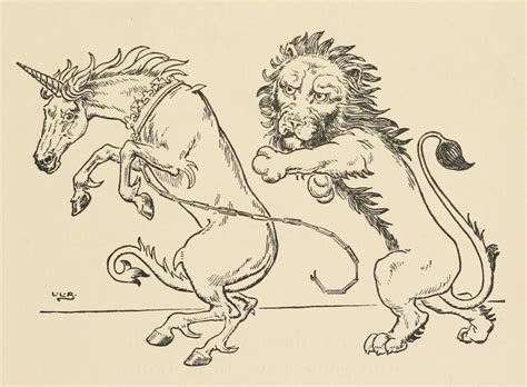 The lion beat the unicorn all about the town. Lion and Unicorn - Old Book Illustrations