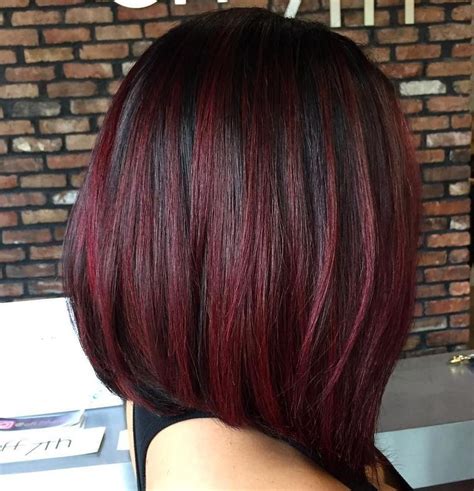 Red velvet hair color is a rich, cool, deep red—reminiscent of the luscious hue of red velvet cupcakes! Image result for Medium length hair dark with red ...