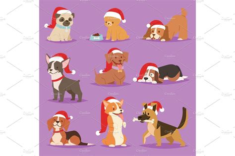 Christmas dog vector cute cartoon puppy characters illustration couple pets doggy different xmas celebrate poses in santa red hats. Christmas dog vector cute cartoon puppy characters ...