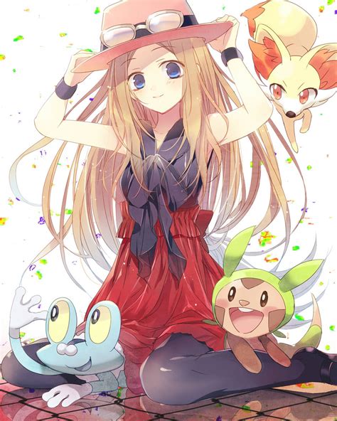 Platinum blonde is a fancy way of saying white, eh? serena, fennekin, chespin, and froakie (pokemon and 2 more) drawn by tyuraba | Danbooru