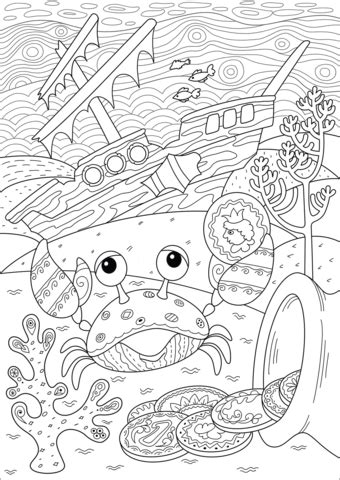 Peter pan coloring pages bug coloring pages pirate coloring pages disney coloring pages printable coloring pages coloring sheets coloring download this ancient sunken ship and coral reef vector illustration now. Crab Found Treasure near Sunken Ship coloring page | Free ...