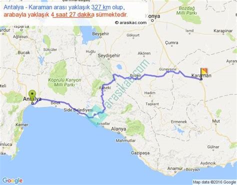 Aşağıda bulunan haritadan yol tarifi ala bilirsiniz. Antalya Karaman arası kaç km, saat