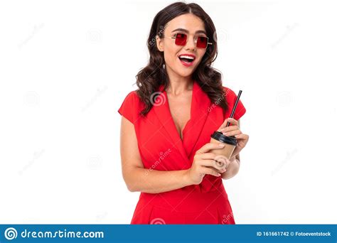 The Young Woman Is Red Lips, Bright Makeup, Dark Wavy Long ...