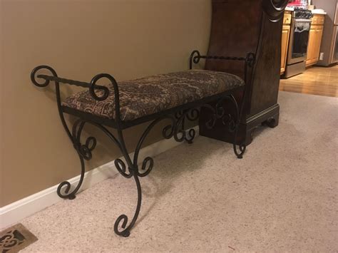 Garbage bench made with grandma style. Reupholstered wrought iron bench | Wrought iron bench ...