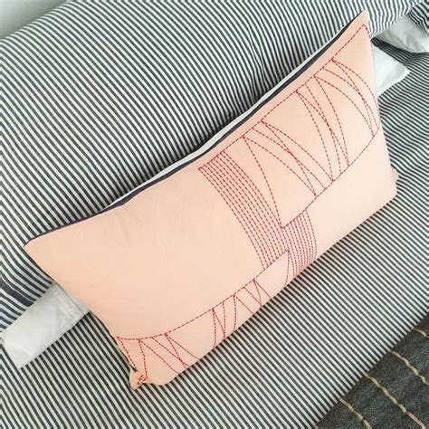 Has been added to your cart. Blush Pink Linen Pillow/Red Sashiko Thread Hand-Stitched ...