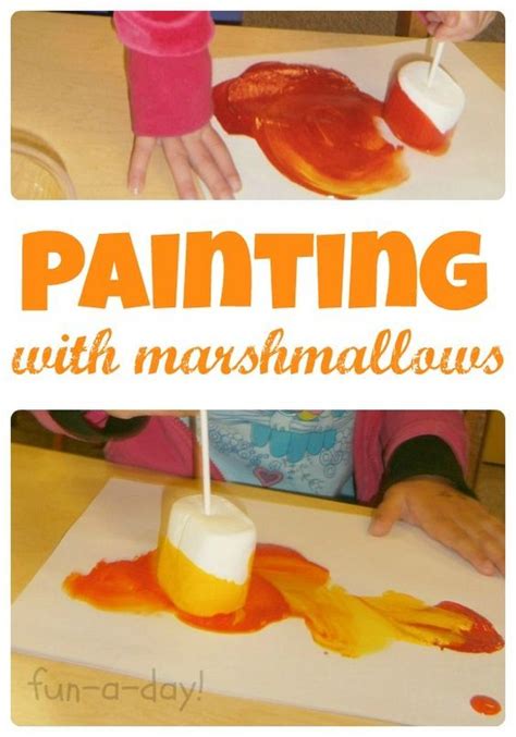 Preschool art ideas and activities related to a preschool camping theme or lesson, get the children to collect outdoor things like pine needles, small twigs, dried grass, leaves and small pebbles etc. Painting with Marshmallows is Such a Fun Camping Theme Art ...