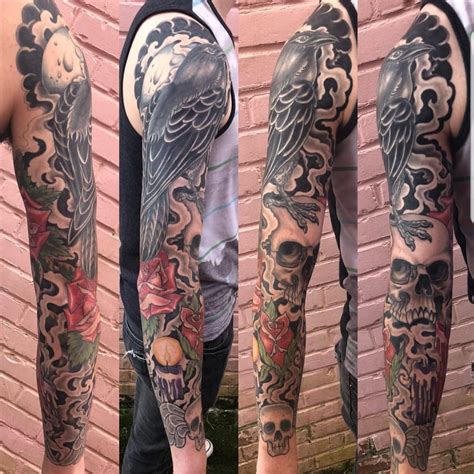 Here's a complex tattoo of edgar allan poe's portrait, along with a creepy mansion. Edgar Allan Poe themed sleeve done by Brittanie Leigh in ...