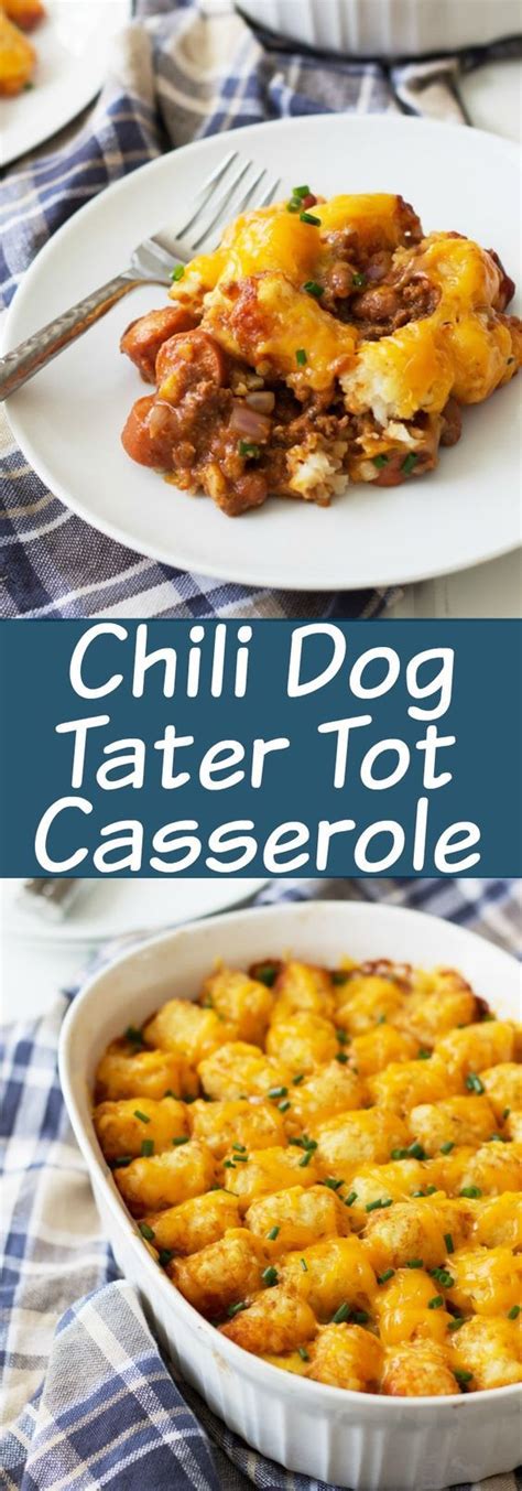 Sliced hot dogs, chili, tater tots, and cheddar cheese combine to make an easy and delicious meal. Chili Dog Tater Tot Casserole is a twist on a family ...