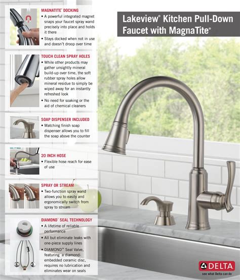 Delta faucets with diamond seal technology perform like new for life with a patented design which reduces leak points, is less hassle to install and lasts twice as long as the industry standard*. Delta Lakeview Single-Handle Pull-Down Sprayer Kitchen ...