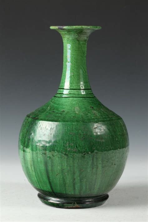 Porcelain celadon bottle vase with long n. CHINESE GREEN GLAZED STONEWARE VASE, Qing Dynasty. - 12 in ...