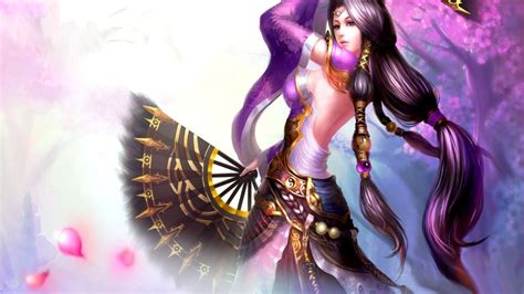 Beautiful oriental girl animation brunette with purple ...
