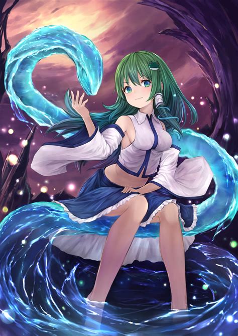 But that doesn't change how beautiful she is as an anime character. Wallpaper : illustration, long hair, anime girls, water, legs, green eyes, Touhou, snake, green ...