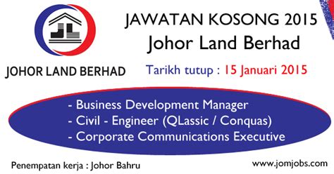 Ohjobs, jawatan kosong 2021, kerja kosong 2021, jawatan kosong kerajaan 2021, jawatan kosong swasta 2021, job vacancy, kerja kosong wilayah kejora merangkumi wilayah johor tenggara merangkumi kawasan seluas 151,231 hektar wilayah semenanjung pengerang dan 149. Jawatan Kosong Johor Land Berhad terkini 2015. # ...