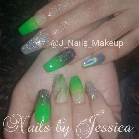 Maybe you would like to learn more about one of these? Neon green coffin nails with ombre gel polish holographic ...