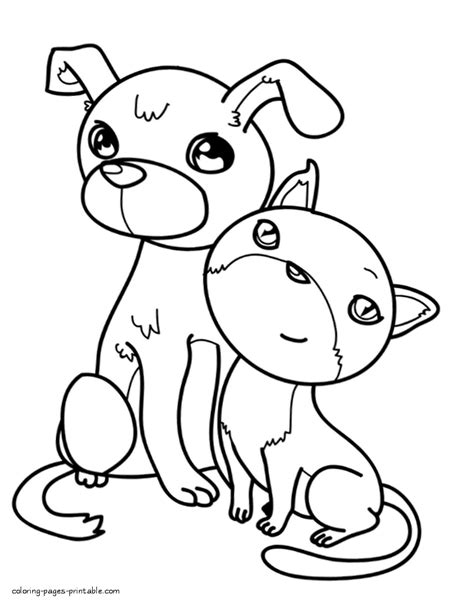 Dog and cat are friends. Coloring pages of cats and dogs || COLORING-PAGES-PRINTABLE.COM