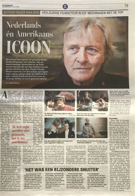 De officiële pagina van de telegraaf. Rutger Hauer - In Memoriam - newspaper De Telegraaf - p2 ...