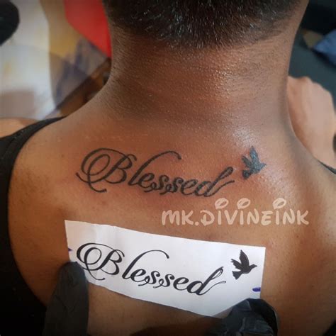 The health of your back determines your posture, ability to move, and if your body is balanced. Blessed word Tattoo with bird on back Neck, Font tattoo, Black tattoo, Motivational tattoo ...
