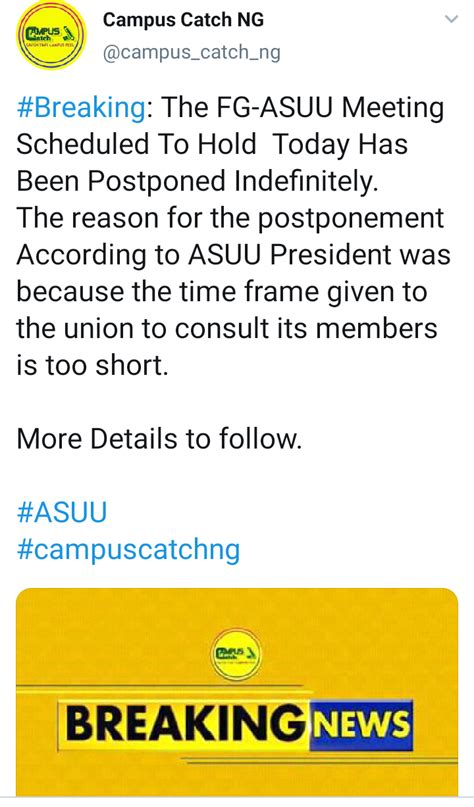 The academic staff union of universities, (asuu) and the federal government will again meet today, tuesday, to resolve the ongoing warning strike by the lecturers. ASUU Strike: Today's (9th of Dec., 2020) Scheduled ASUU-FG ...