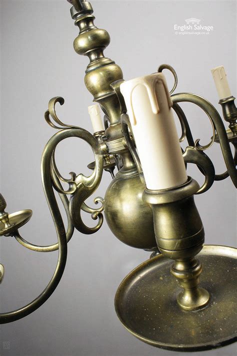 Six sculptural aluminum shades with brass hardware and fittings. English Brass Chandelier Flemish 6 Light