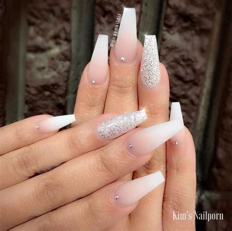 Minor ombre pink and also white coffin nails obtain a big increase in vogue from a shimmery rainbowlike design. Coffin Glitter Acrylic Nails Ombre - different nail designs