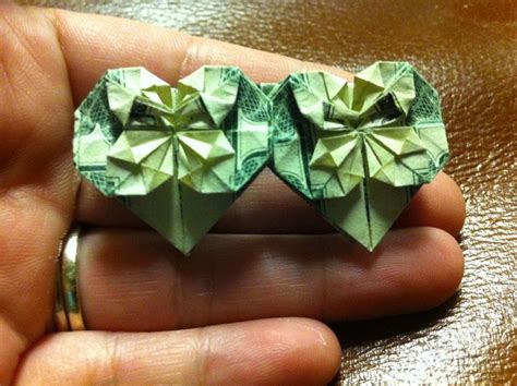 Fold both into a triangle. Double origami hearts from a dollar bill | Origami heart, Crafts, Origami