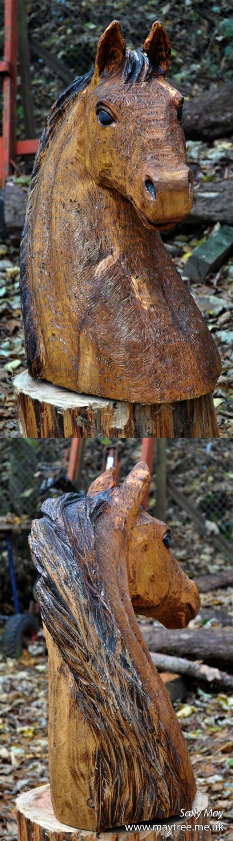 Wood carving is a form of woodworking by means of a cutting tool (knife) in one hand or a chisel by two hands or with one hand on a chisel and one hand on a mallet, resulting in a wooden figure or figurine, or in the sculptural ornamentation of a wooden object. Horse Head bust. Chainsaw carving by Sally May # ...