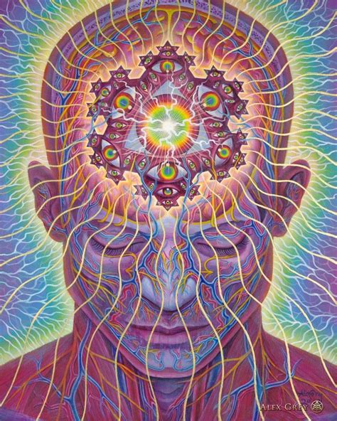 Our luminous visions point to the sacred in every moment, transforming life itself into the ultimate work of art, and the art made by anatomy of love by alex grey, american artist, ohio, medical school, dissection, anatomical training, sacred mirrors, medical illustrator, painting. "The Seer" by Alex Grey, 2018, 16 x 20 in. acrylic on wood ...