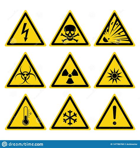 Hazard signs are a prevalent sight in laboratories and industrial workplaces. Hazards signs set stock vector. Illustration of nuclear ...