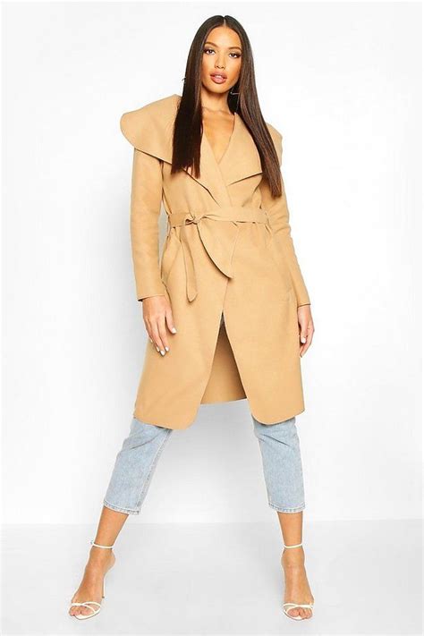 Coat with faux fur collar. Belted Waterfall Coat | boohoo (With images) | Tailored ...