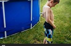 peeing boy little pool backyard stock model