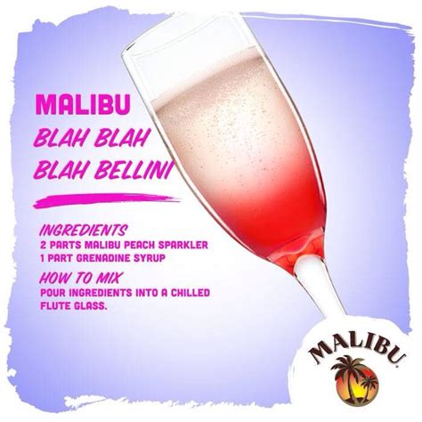 Malibu coconut rum is a sweet, coconut flavoured caribbean white rum, with a taste reminiscent of coconut, almonds and mocha. Malibu Bellini | Rum drinks, Fancy drinks, Coconut rum drinks