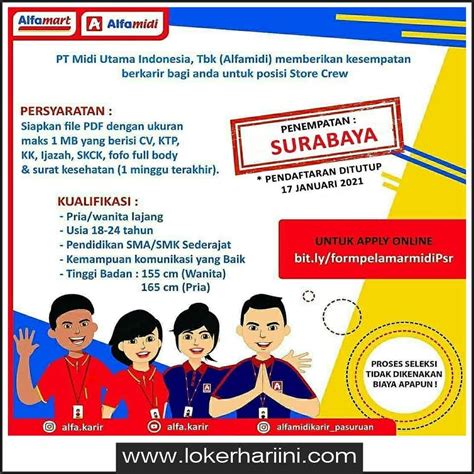 Tokopedia saat ini sedang membuka lowongan kerja terbaru dengan pendidikan minimal s1 semua jurusan, silahkan mendaftar sekarang. Lowongan Store Crew (Kasir / Pramuniaga) Alfamidi Surabaya ...