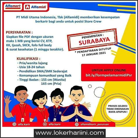 Surabaya merupakan ibu kota provinsi jawa timur sekaligus merupakan kota metropolitan terbesar di provinsi tersebut dan kota terbesar kedua di indonesia setelah jakarta. Lowongan Store Crew (Kasir / Pramuniaga) Alfamidi Surabaya ...