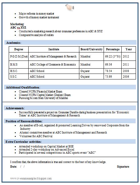 Resume formats / cv formats for freshers. Resume Format For Fresher Mba Student - BEST RESUME EXAMPLES