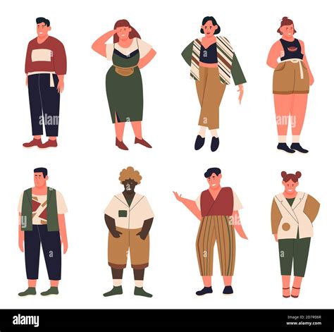 Plus size people vector illustration set. Cartoon flat collection with curvy fat young man woman ...