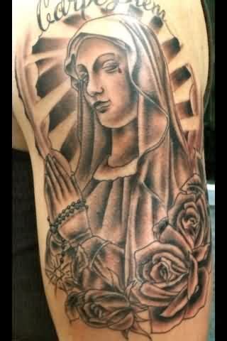 The artwork speaks for itself. Praying Mother Mary And Roses Tattoos On Arm | Rose ...