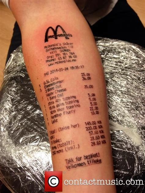 Mcdonald's norway says the tattoo isn't a publicity stunt, but they think it's terrific. Teenager Gets McDonalds Receipt Tattoo | 面白いタトゥー, タトゥー ...