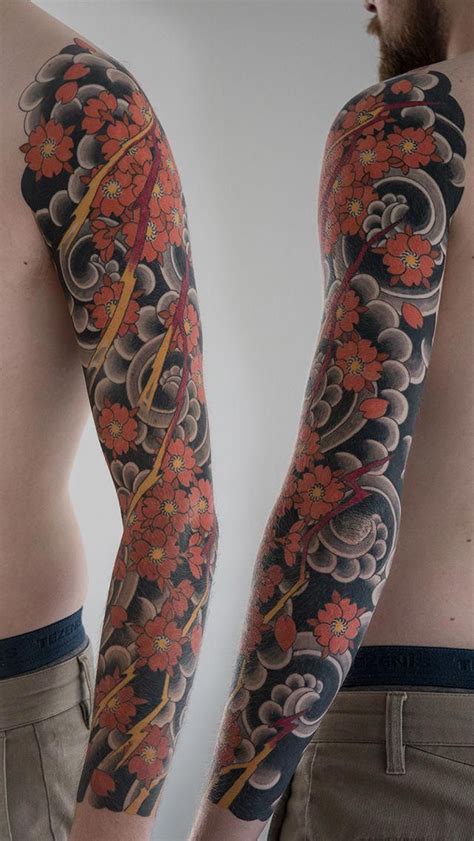 Japanese cherry blossom full sleeve tattoos. Traditional Japanese cherry blossom and lighting sleeve ...