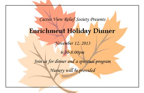 Themes can make figuring out the menu, music, and decorations much easier.2 x. Cactus View Relief Society: Relief Society Holiday Dinner
