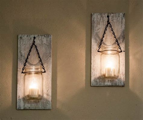 Infuse your home with comfort and warm light with rustic white wood wall sconce. Set of White Mason Jar Candle Wall Sconces by ...