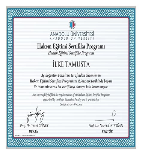 Anadolu üniversitesi 2011 yılı itibari ile bu şekilde verdiği diplomalara bu diploma alan 2008 yılında verilen diploma örneği; Anadolu Üniversitesi E-Sertifika Programları