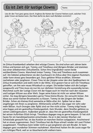 Lesetexte klasse 4 zum ausdrucken / lesetexte klasse 4 zum ausdrucken unterrichtsmaterial kostenlos zaubereinmaleins designblog lesebuch bausteine 4 lesekartei fragekarten zu div anapaulacooelho : Ideenreise: Mitdenktext "Lustige Clowns"