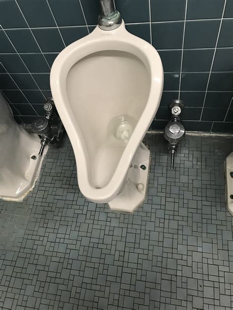 There were three urinals on the wall. The urinals at my university have the flusher near the ...