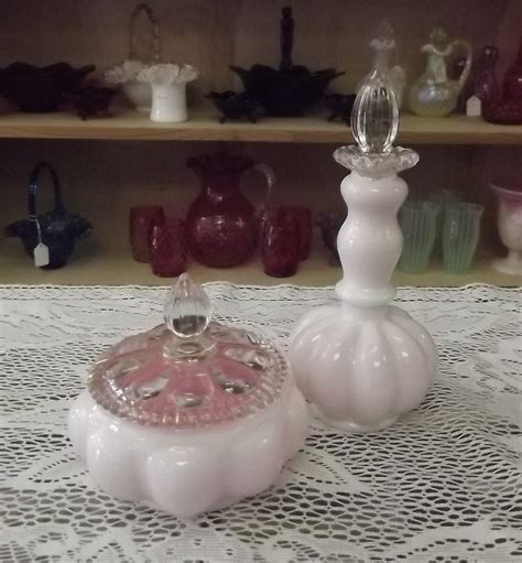 Fenton milk glass fenton glassware glass vanity vanity set dressing table set antique vanity dresser sets antique perfume mint condition set by fenton in beautiful purple or amethyst carnival glass. Fenton Pink Cased Melon Vanity Set | Vanity set, Glass art ...