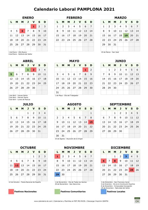 Calendario laboral de fiestas para 2021 (y 2020). Calendario Laboral 【PAMPLONA 2021】 para IMPRIMIR