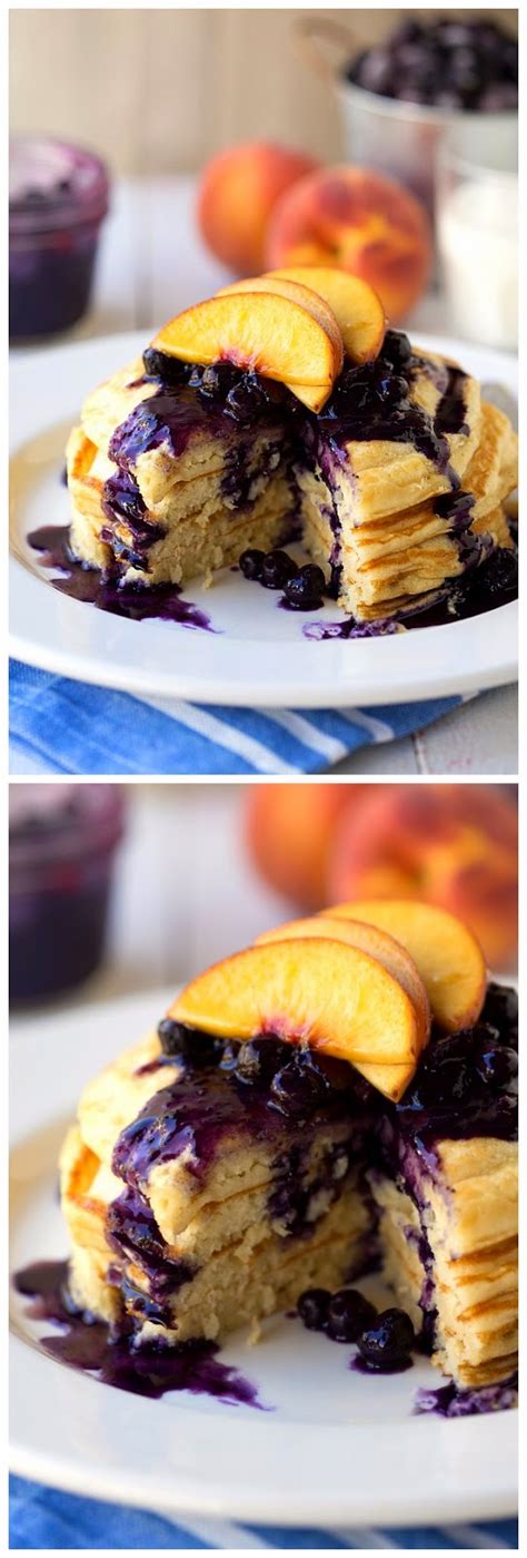 The recipe is a quick & easy healthy breakfast the whole fam will love! Healthy Greek Yogurt Pancakes with a Blueberry-Peach Syrup ~ Easy Kitchen 4 All
