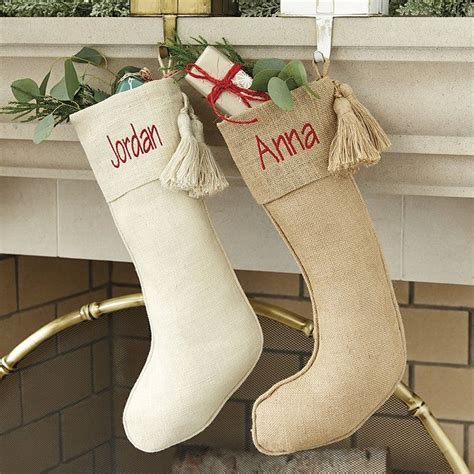 Ballard designs pattern & color: Burlap Tassel Stocking | Burlap christmas stockings ...