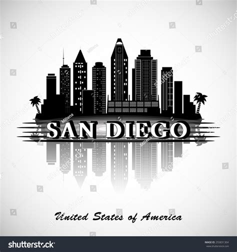 Vector, california, building, travel, waterfront, landmark, tower, america, shore, day, business, skyline, scraper, lake, san francisco, tall, front, reflection, architecture, background, silhouette, united states. San Diego Skyline. City Silhouette Stock Vector ...