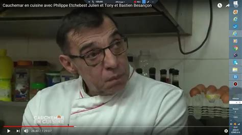 Ce chef exigeant, au franc parler redoutable, a souvent du pain sur la planche tant au niveau de la qualité de la cuisine qu'il essaie d'améliorer, que du côté du personnel qui manque souvent de professionnalisme. Cauchemar en cuisine avec Philippe Etchebest Julien et Tony et Bastien à Besançon [REPLAY ...